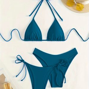 Solid Color Halter Neck Backless Bikini Set for Women